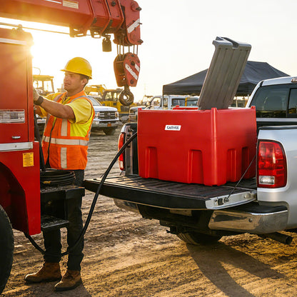 Garvee 116 Gallon Portable Fuel Transfer Tank with 12V Electric Pump, 10 GPM Fast Flow, 13ft Hose & Auto Shut-Off Nozzle, Heavy Duty Poly Fuel Storage Container for Farm, Truck, Equipment, Red