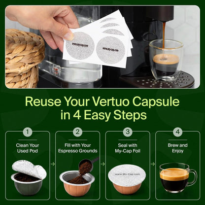 My-Cap Foil Seals for Nespresso Vertuo Pods - Reusable Aluminum Lids to Extend Life of Nespresso VertuoLine Capsules (Pack of 100)