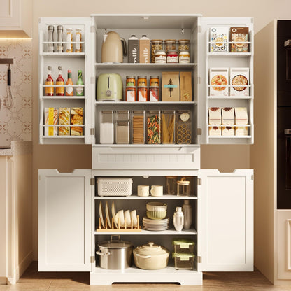 Gizoon 71" Tall Kitchen Pantry Cabinet with Doors and Adjustable Shelves, Pantry Storage Cabinet with Drawer Freestanding Organizer for Small Kitchen Bathroom Laundry Room, Painted White