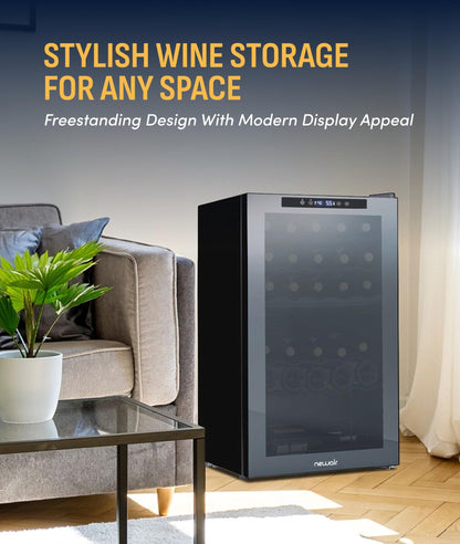 NewAir 20" Dual Zone Wine Fridge for 33 Bottles | Freestanding Wine Cooler Refrigerator with Glass Door | Mirrored Shadow™ Door & Quiet Compressor Cooling | Black