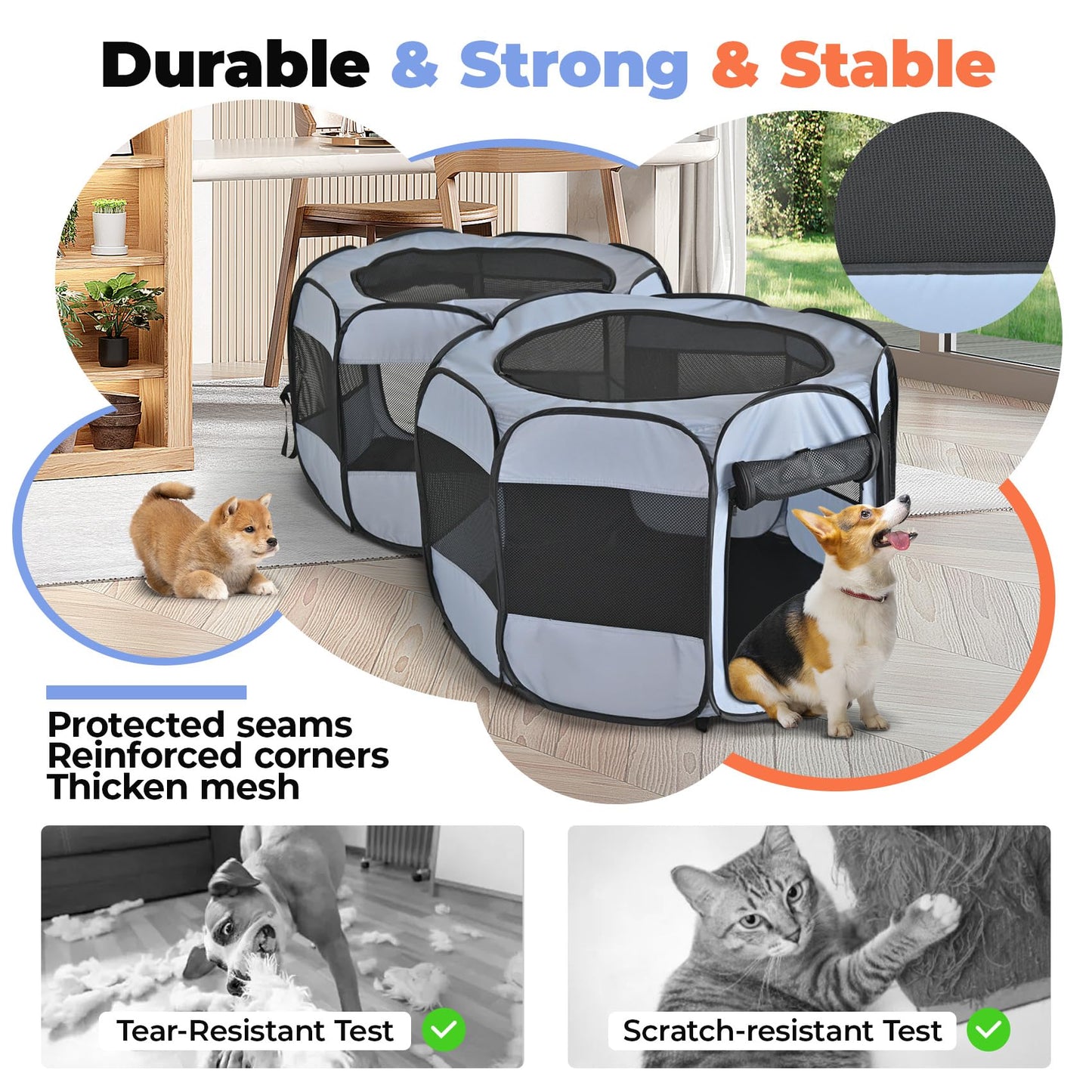 2-in-1 XLarge Pop Up Dog Playpen, Cat Puppy Pet Playpen, Indoor Outdoor Cats Enclosed, Cat Tent Crate Cage Kennel, Portable Playpen for Kitten and Small Animals(No Divider, Unified Space)