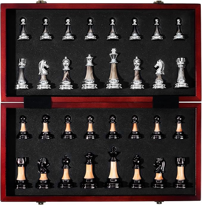 VAMSLOVE Chess Set Large 16''/42cm Folding Wooden Board with Deluxe Weighted Acrylic Chess Pieces - 3.5 King with Storage Slots for Adults House Warming Retirement Gift