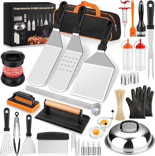 Blackstone Griddle Accessories Kit - 142 PCS Flat Top Grill Set with Spatulas, Basting Cover & Scraper