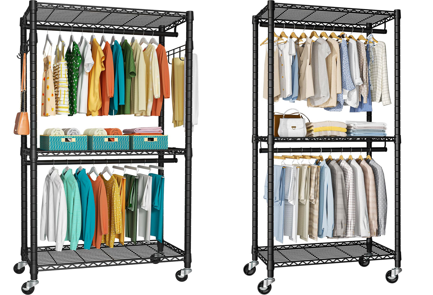 FUTASSI P1 and P1 Medium Black Clothes Rack Bundle, Rolling Closet Rack with Wheels, Metal Garment Rack for Hanging Clothes, Clothing Storage Wardrobe