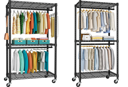 FUTASSI P1 and P1 Medium Black Clothes Rack Bundle, Rolling Closet Rack with Wheels, Metal Garment Rack for Hanging Clothes, Clothing Storage Wardrobe