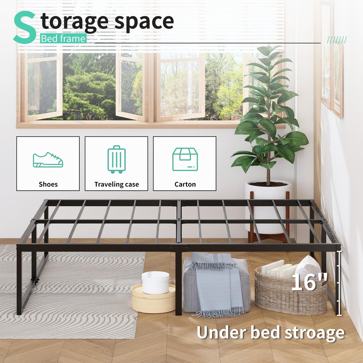 Lutown-Teen 18 Inch Queen Bed Frame with Cover Skirt, Heavy Duty Steel Slat Support Metal Platform Bed Frame Queen Size No Box Spring Needed, Easy Assembly, Black and Blue