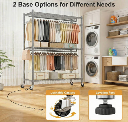 Homdox Rolling Clothes Rack Heavy Duty, 3-Tier Adjustable Wire Shelving Garment Organizer with Double Rods & Hooks, Portable Clothes Rack with Wheels, 17.72" D x 47.24" W x 80.71" H, Grey