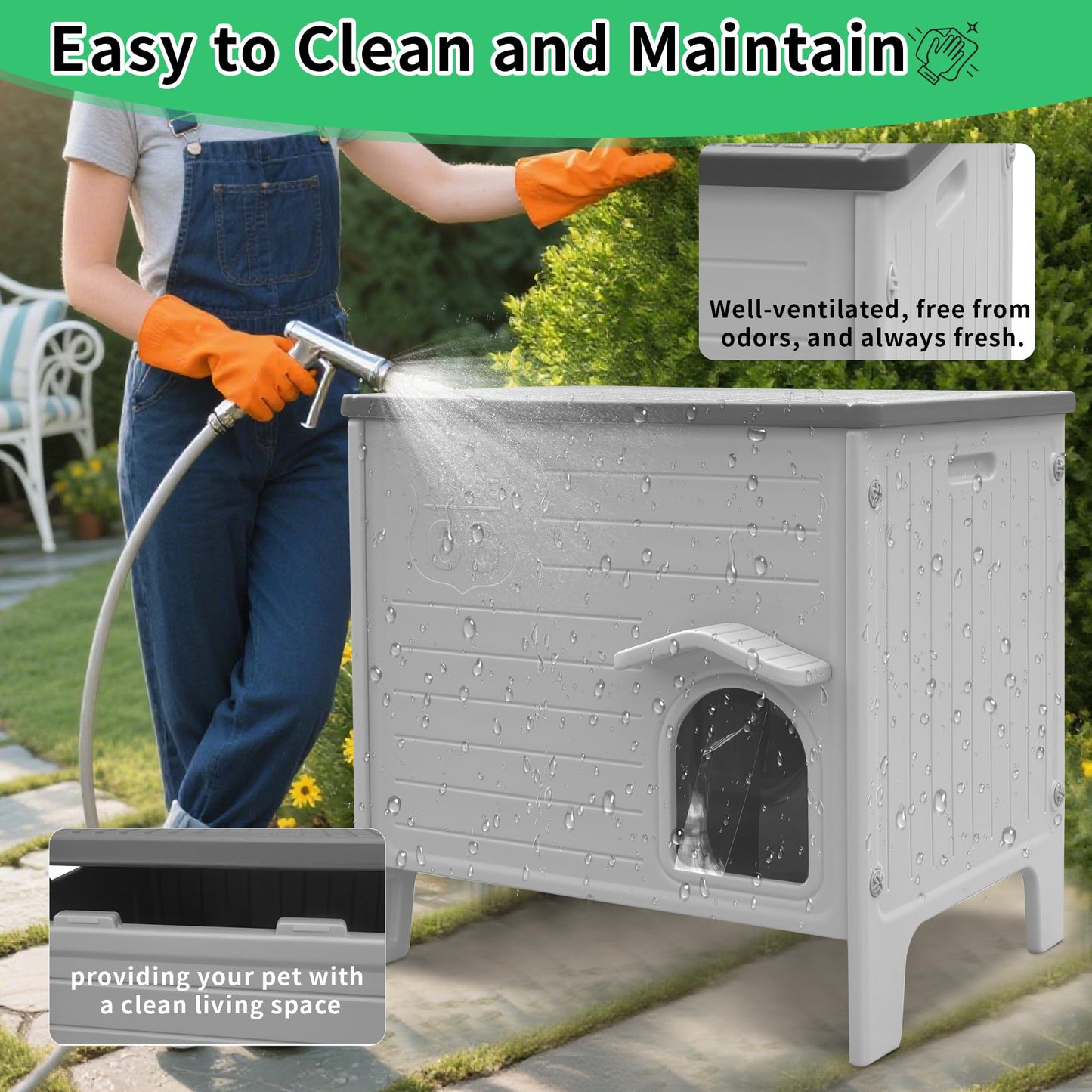 Rockever Outdoor Cat House for Summer, Elevated Waterproof Pet Shelter with Breathable Insulated Liner, Comfortable Outdoor Cat Home with Escape Door, All-Season Shelter for Cats (M,Grey&Heating Pad)