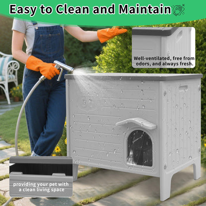 Rockever Outdoor Cat House for Summer, Elevated Waterproof Pet Shelter with Breathable Insulated Liner, Comfortable Outdoor Cat Home with Escape Door, All-Season Shelter for Cats (M,Grey&Heating Pad)