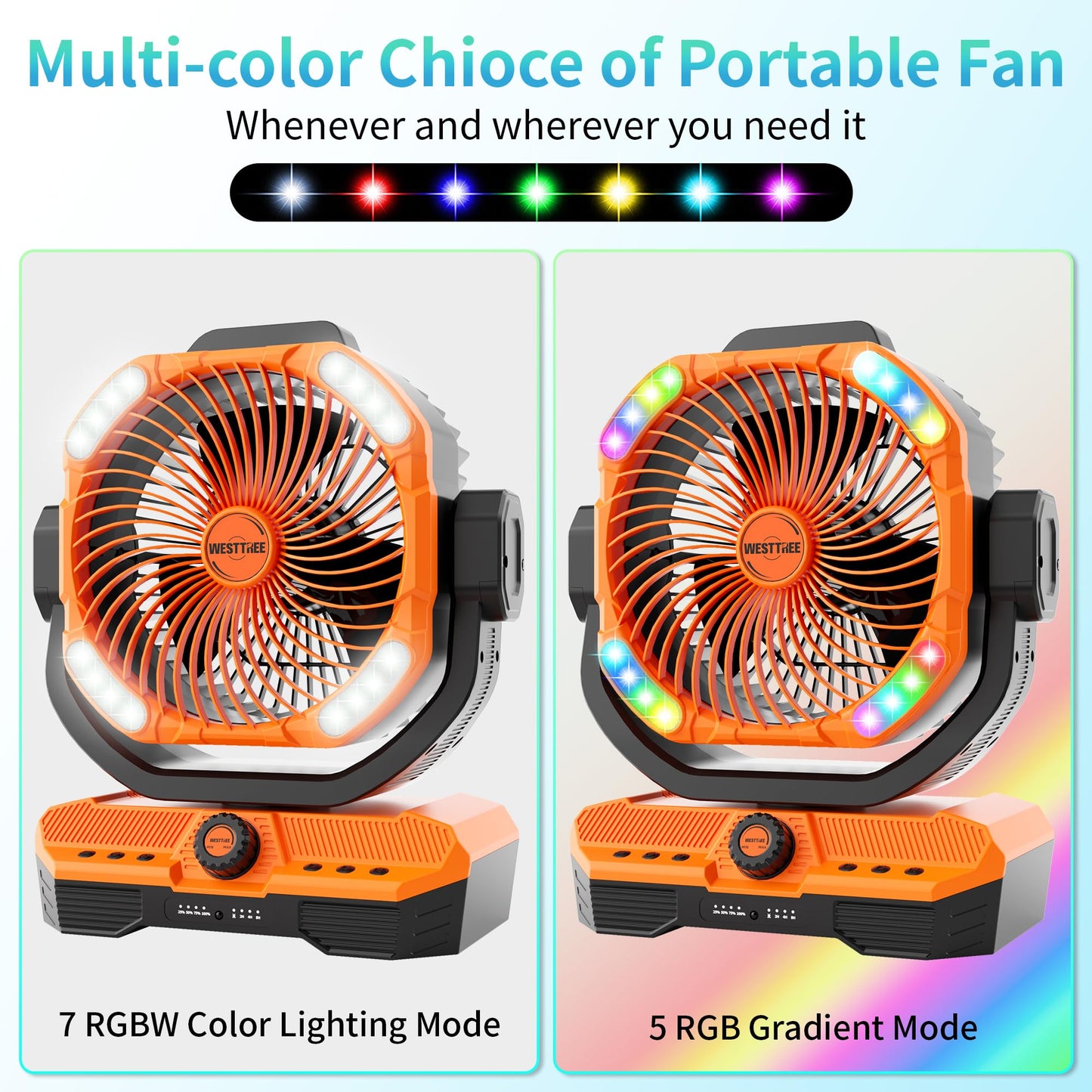 WESTTREE Battery Powered Fan Powerful Airflow Battery Operated Air Circulator Fan for Bedroom,Quiet & 360°Auto Oscillating Rechargeable Camping Fans with LED Light (RGBW) X66 Orange