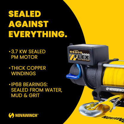 Novawinch Flex 5000 lb Trailer Winch 12V Electric - Synthetic Rope, IP68 Sealed Planetary Gearbox, Hawse Fairlead, Auto-Lock Brake, Waterproof Remote - Flatbed, Boat Trailer, Equipment Hauler, SAE