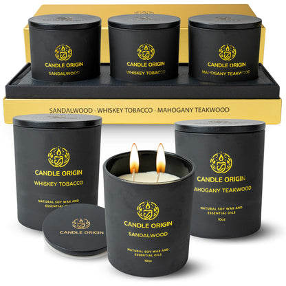 Luxury Candles for Men Gift Set (3×10oz) – Strong Masculine Scents (Mahogany Teakwood, Whiskey Tobacco, Sandalwood) – Long Lasting Soy Candles for Home, Man Cave Decor, Gifts for Him