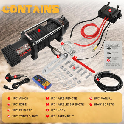 WildGear 12000LB Electric Winch 12V Series Wound Motor Synthetic Rope Wired & Wireless Remote Control Waterproof Trailer Winch for Jeep Off Road SUV Truck Boat
