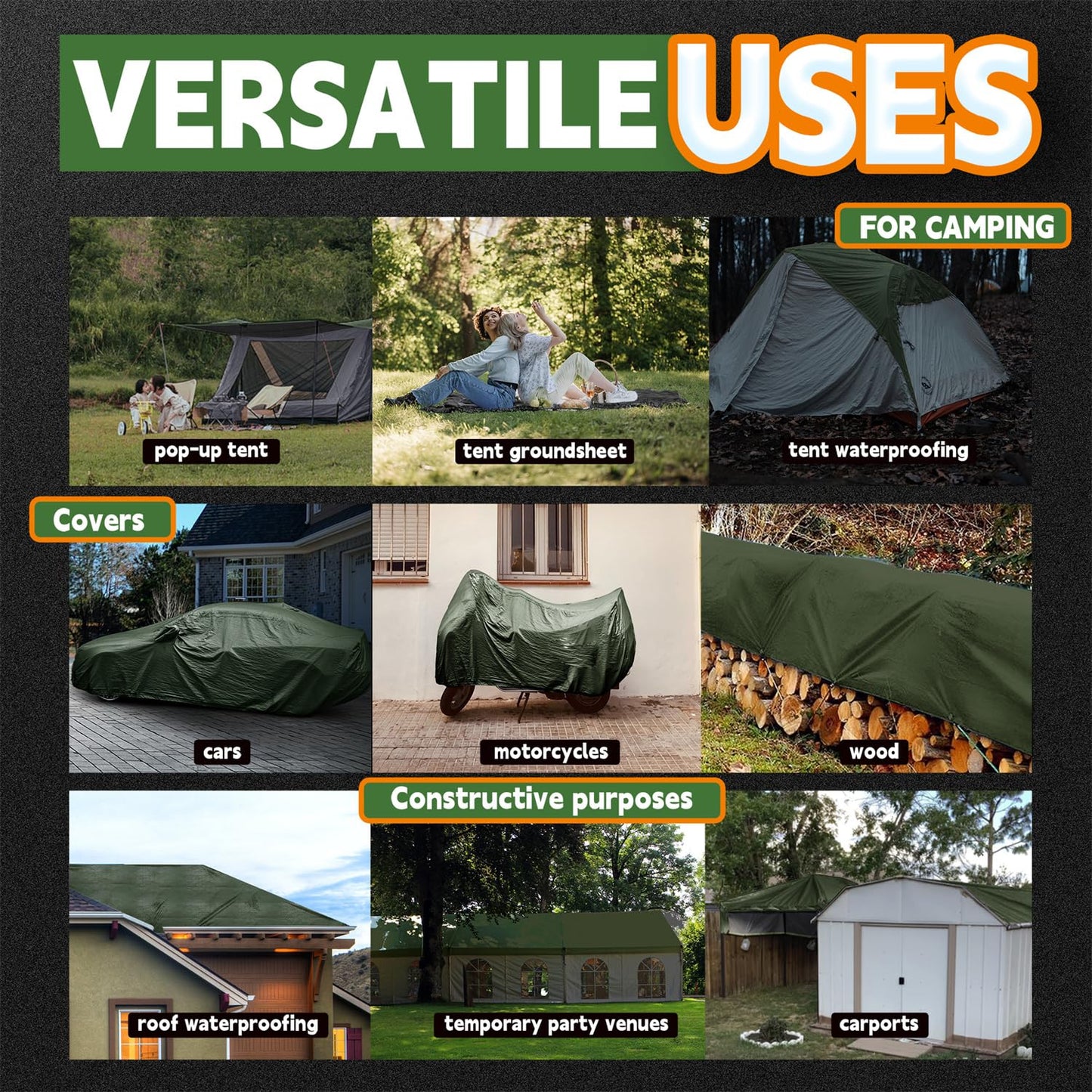 RAINDEWAY Tarps 30x40 Feet,Large Tarp Waterproof,9Mil Thick Finished Size, Multipurpose Poly Tarp Cover with Metal Grommets and Reinforced Edges,Green/Black Tarpaulin