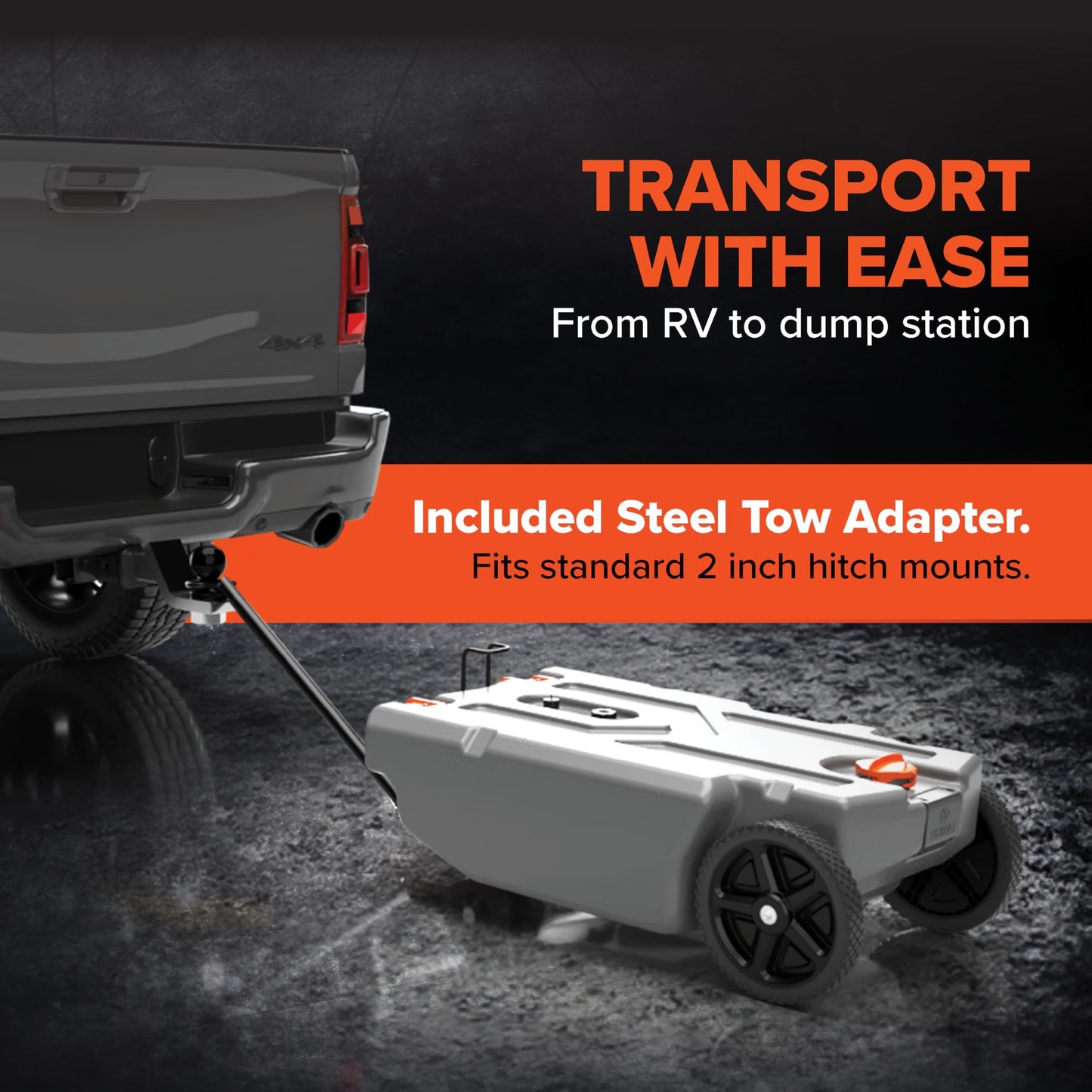 Camco Rhino 28-Gallon Portable RV Tote Tank - Features 2 Steerable No-Flat Front Wheels & Built-in Gate Valve - Includes Removable 24" Tow Bar, 3’ Sewer Hose & More RV Accessories (39005)