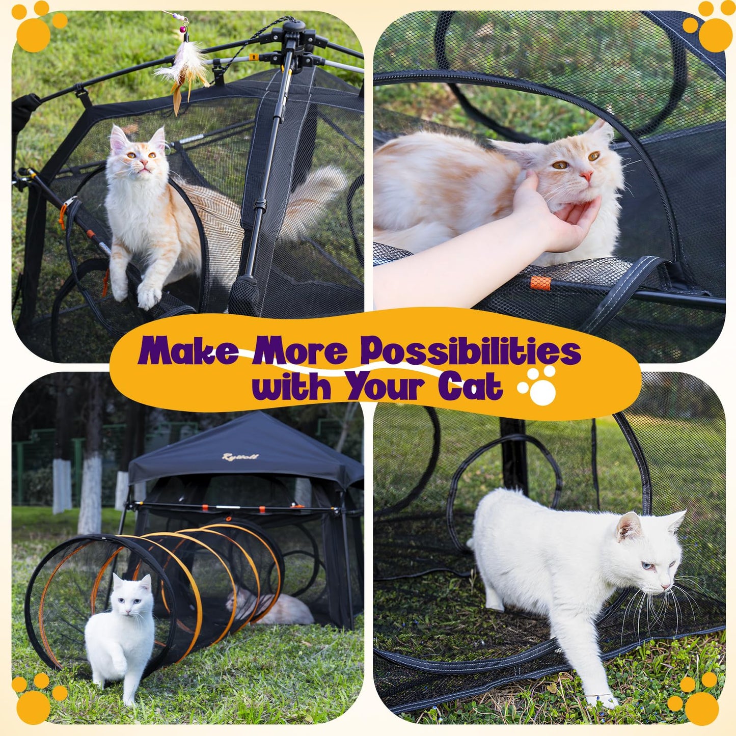 2-Tier Cat Catio with Tunnel, Outdoor Catio Cat Enclosure, Portable Cat Playpen for Indoor Outdoor Use, Breathable Mesh, Foldable Travel Cat Cage for Cats, Kittens