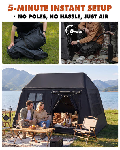 3-4 Person Inflatable Camping Tent Blow Up Hand Pump Easy Setup Waterproof Inflatable Cabin Portable Air Tent for Camping Family Tent for Backpacking Hiking