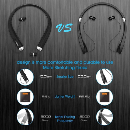 AMORNO Foldable Bluetooth Headphones, Wireless Neckband Sports Headset with Retractable Earbuds, Sweatproof Noise Cancelling Stereo Earphones with Mic