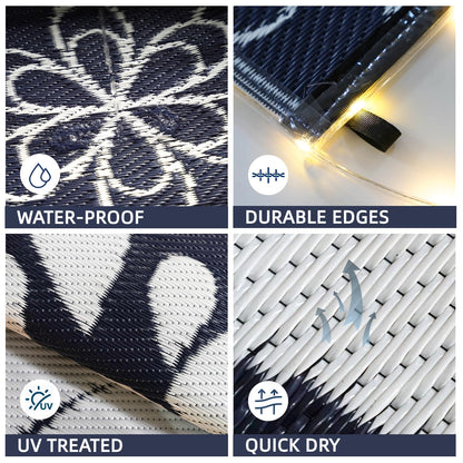 Wallona Outdoor Rugs 8x10 ft Patio Waterproof with Led Strip Lights Indoor Outdoor Carpet for Patio Plastic Straw Reversible Area Rugs Mat for RV, Camping, Beach, Picnic, Porch, Flower Blue & White