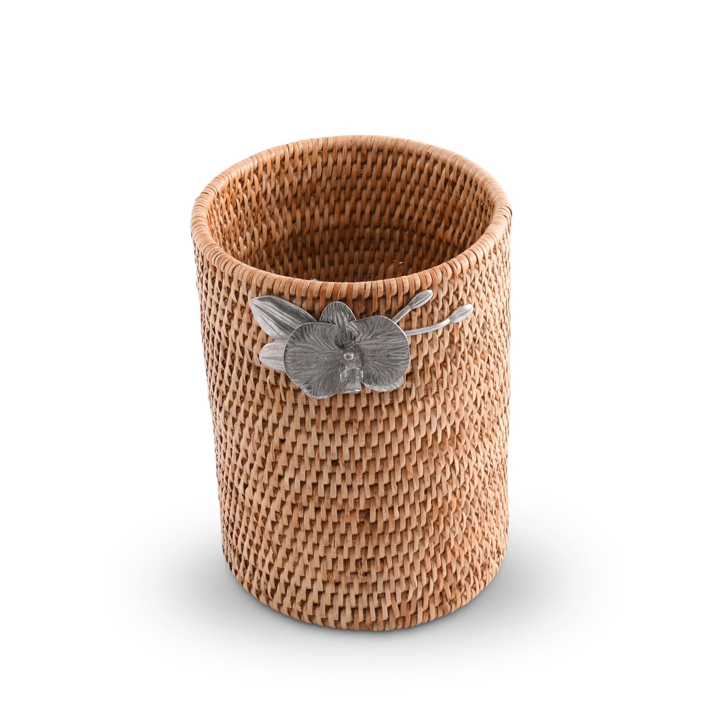 Vagabond House Wicker Rattan Utensil Holder, 8 Inches Tall, Large Kitchen Organizer with Pewter Orchid, Woven Boho Decor for Practicality and Style