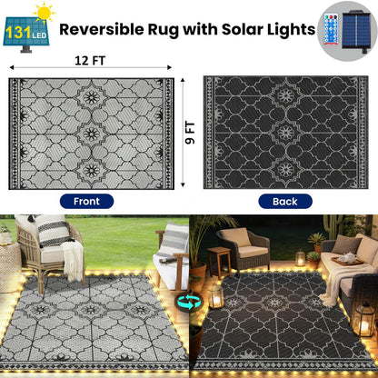 9x12Ft Outdoor Rug, Solar Powered Outdoor Rug with 131LEDs Strip Lights for House Deck, Waterproof Plastic Reversible Outdoor Straw Rugs, Rugs Mat RV Camping Patio Beach Balcony Picnic (Black Gray)