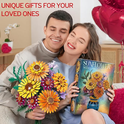 Flower Bouquet Building Blocks Set with Vase Mothers Day Mom Grandma Gifts 1065PCS Artificial Sunflower Botanical Nurse Teacher Appreciation Birthday Gifts for Wife Women Her Him Teen Girls Adults