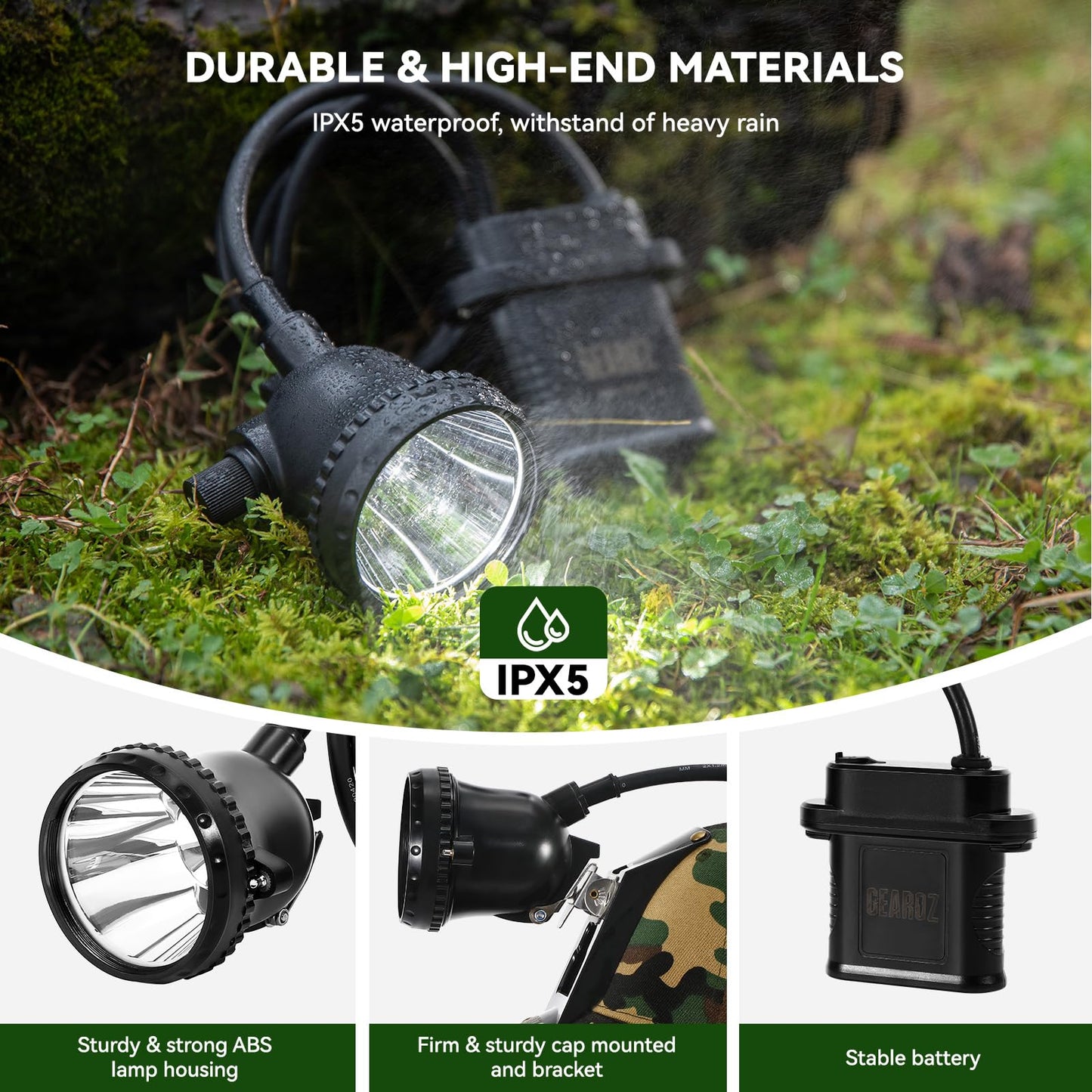 GearOZ 10W LED Coon Hunting Lights for Predator Coyote Hog, 55000 LUX Super Bright Hunting Headlamp Rechargeable, IPX5 Waterproof White Light & Red/Green Optical Filters, 5 Position Switch Soft Cap