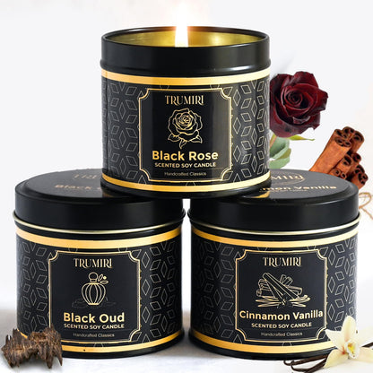 Candle Gift Set of 3 Black Oud|Cinnamon Vanilla|Black Rose Strong Scented Soy Candels Clean Non Toxic Velas Aromáticas Favors for Women Coworkers Friends Guests Also for Diwali Christmas Holidays