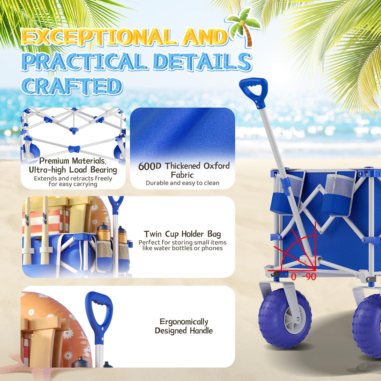 CAtArt Beach Wagon with Big Wheels for Sand, 400LBS Heavy Duty Foldable Wagons Carts, 9" All-Terrain PVC Inflatable Tires, Easy Storage for Beach, Grocery Shopping, Sports Camping (Blue)