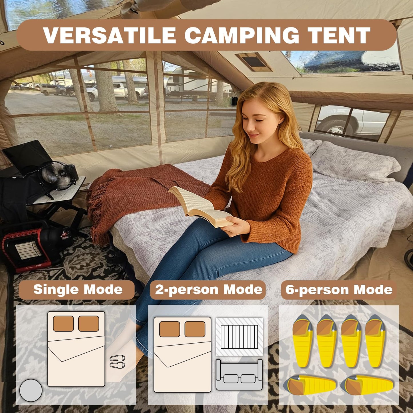 10'x 8' Inflatable Camping Tent,4 Season Blow up Tents for Camping, Large Inflatable Tent 6-8 Person, Glamping Inflatable Hot Tent with Stove Jack & AC Vent Outdoor Camping
