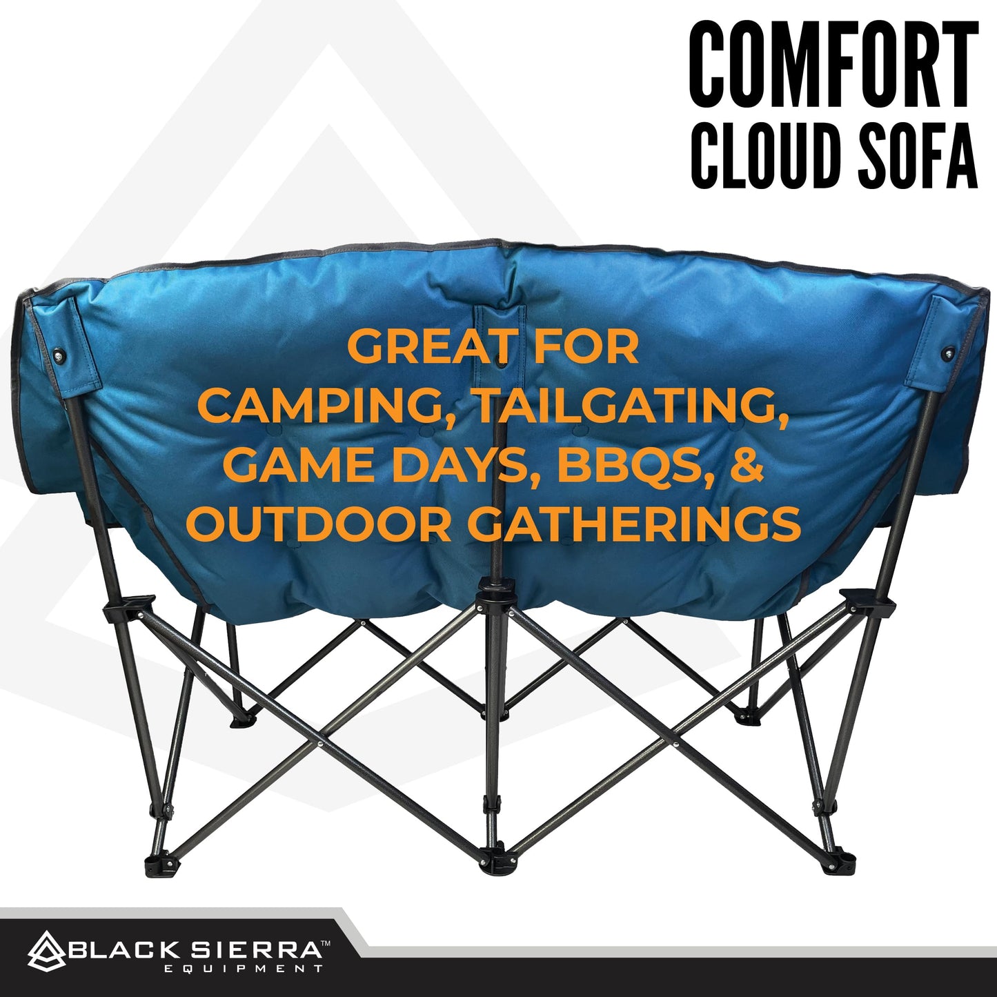 Black Sierra Double Loveseat Comfort Camping Couch, Oversized Folding Chair for Adults, 600‑lb Capacity, Plush Padded Heavy Duty Outdoor Seat with Cup Holders & Carry Bag for Beach, RV