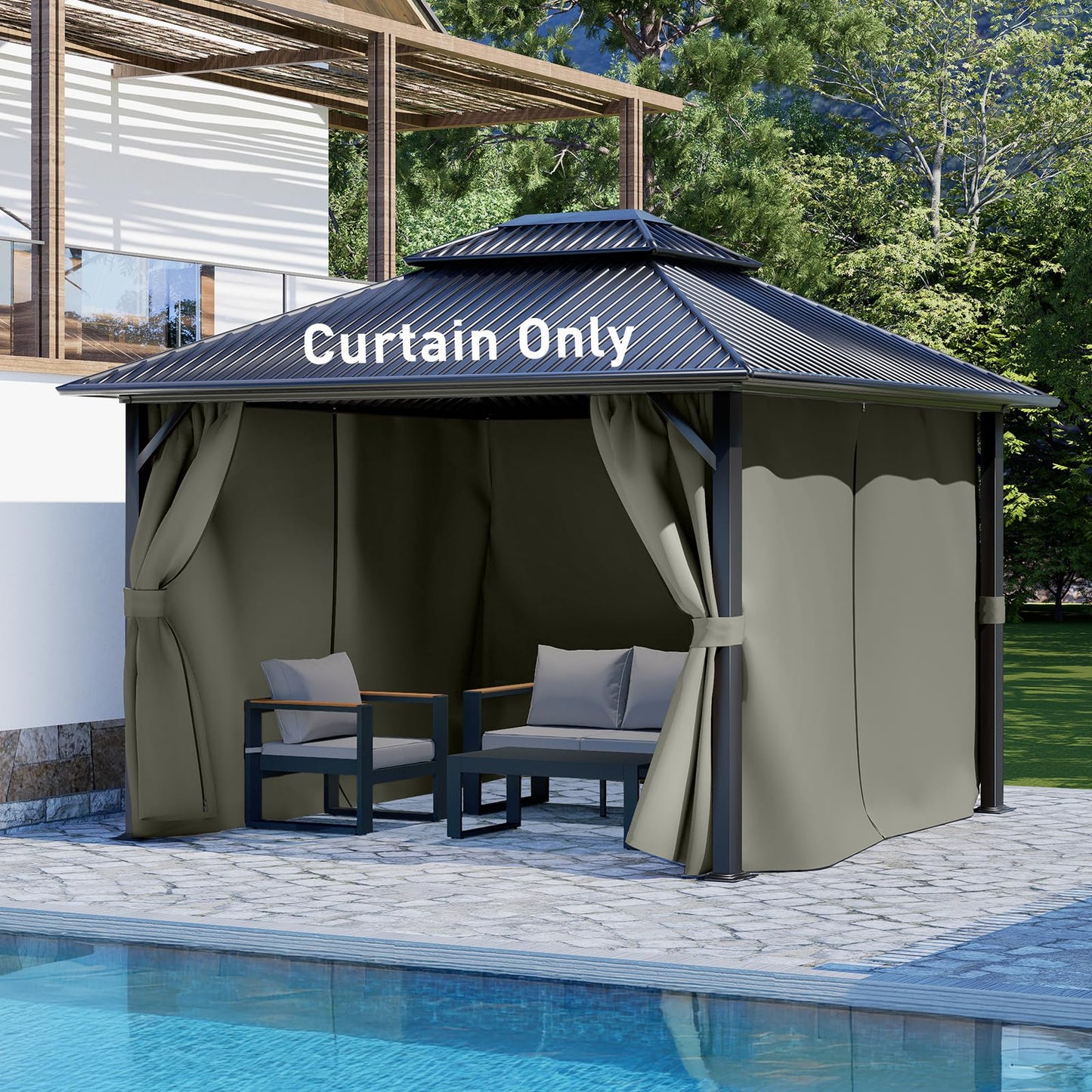 Aoodor 10x12 ft Outdoor Gazebo Curtains, 4 Panels Waterproof Privacy Sidewall Replacement with Zipper for Patio Pergola and Canopy, Gray