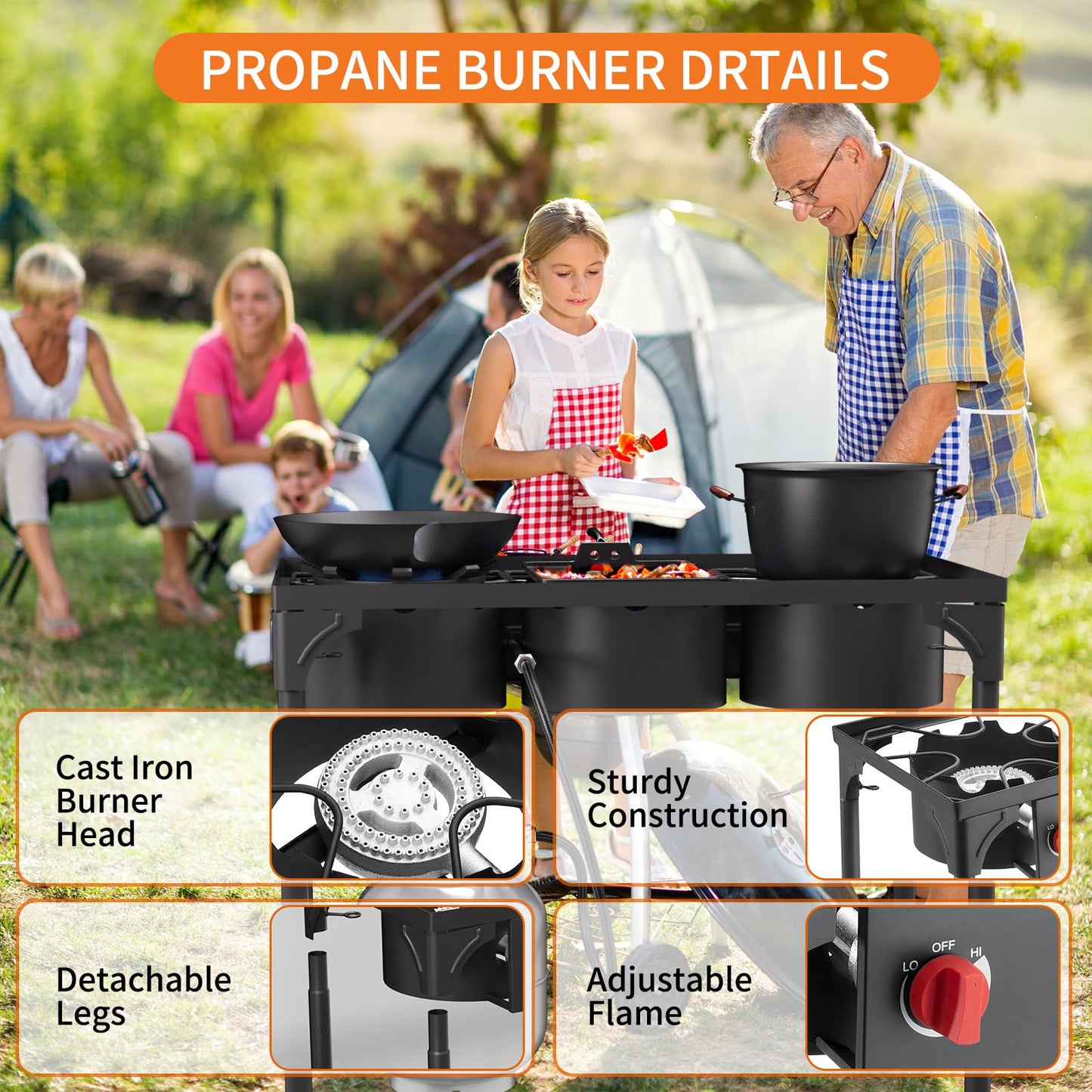 ADREAK High Pressure Propane Burner, 3 Burner Camping Stove with Detachable Legs, 225,000 BTU Propane Gas Stove Burner with 0-20 PSI Regulator for Camping, Tailgating, Backyard, Outdoor Cooking