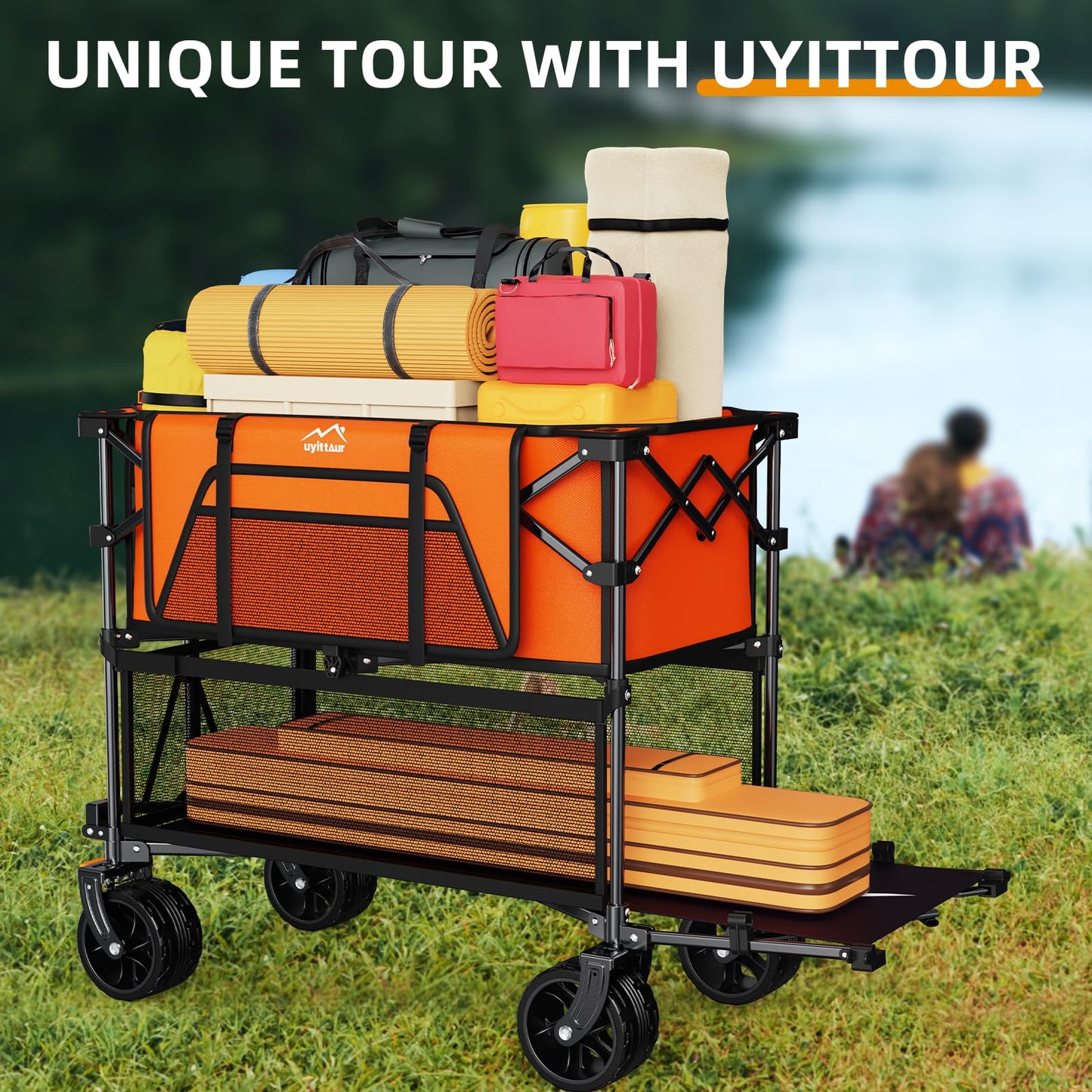 Uyittour Foldable 50''L Extra Long Double Decker Wagon for Sport, 400L Collapsible Heavy Duty Wagon Cart with Big Wheels, Utility All-Terrain Large Extender Cart for Outdoors, Orange