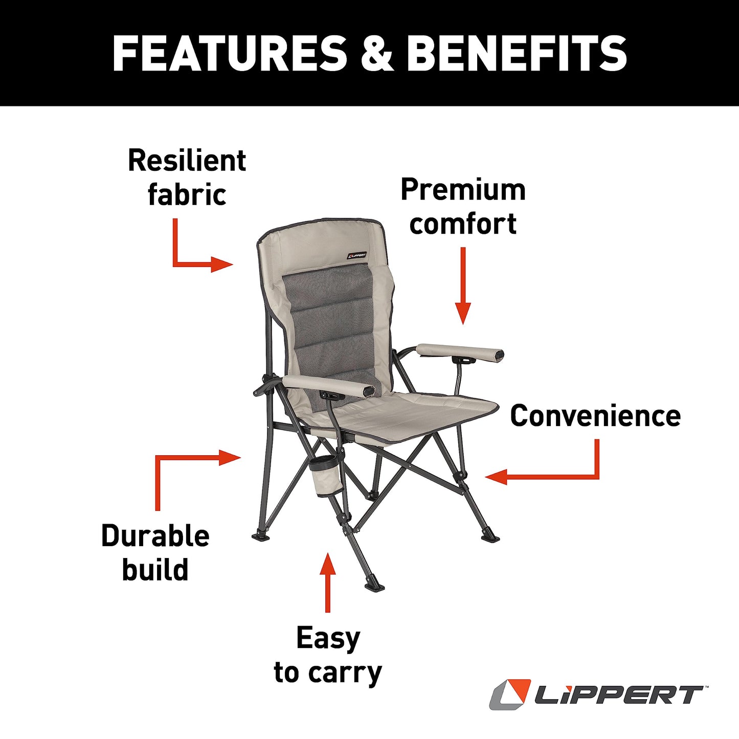 Lippert Components Scout Outdoor Folding Chair for Camping, Foldable, Steel Tube Frame, 600D Polyester, UV and Water Resistant PVC Coating, 500 lb. Weight Capacity, Sand - 2021123277