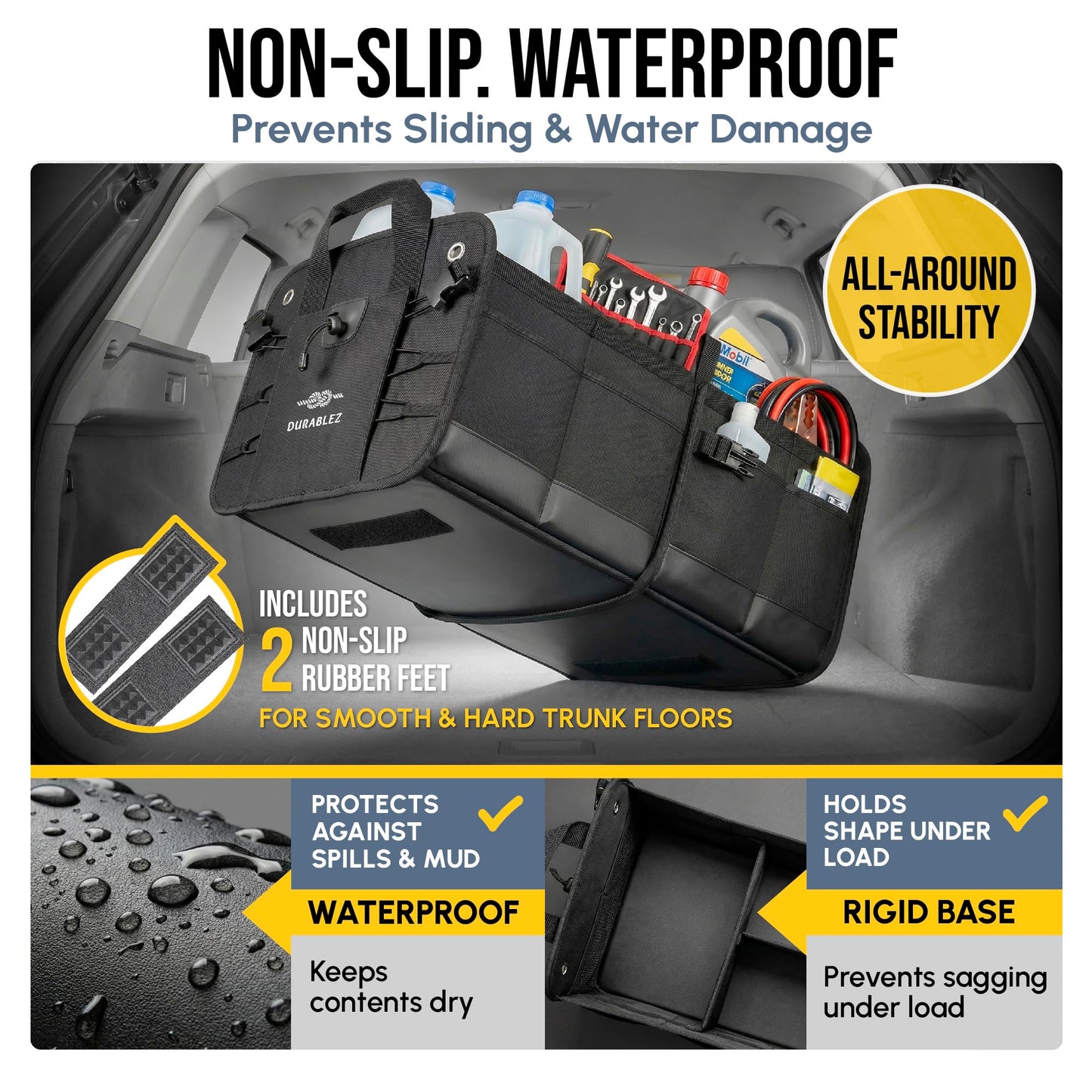 DURABLEZ Trunk Organizer 5-Section Modular XL Car Storage System – Extra Large Cargo Organizer for Car Trunk, Foldable Multi-Compartment Auto Organizer, Heavy Duty Oxford 1680D – Black