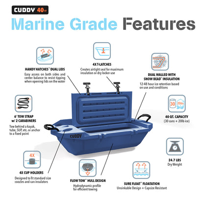Cuddy Floating Cooler and Dry Storage Vessel – 40QT – Amphibious Hard Shell Design - Multiple Color Options
