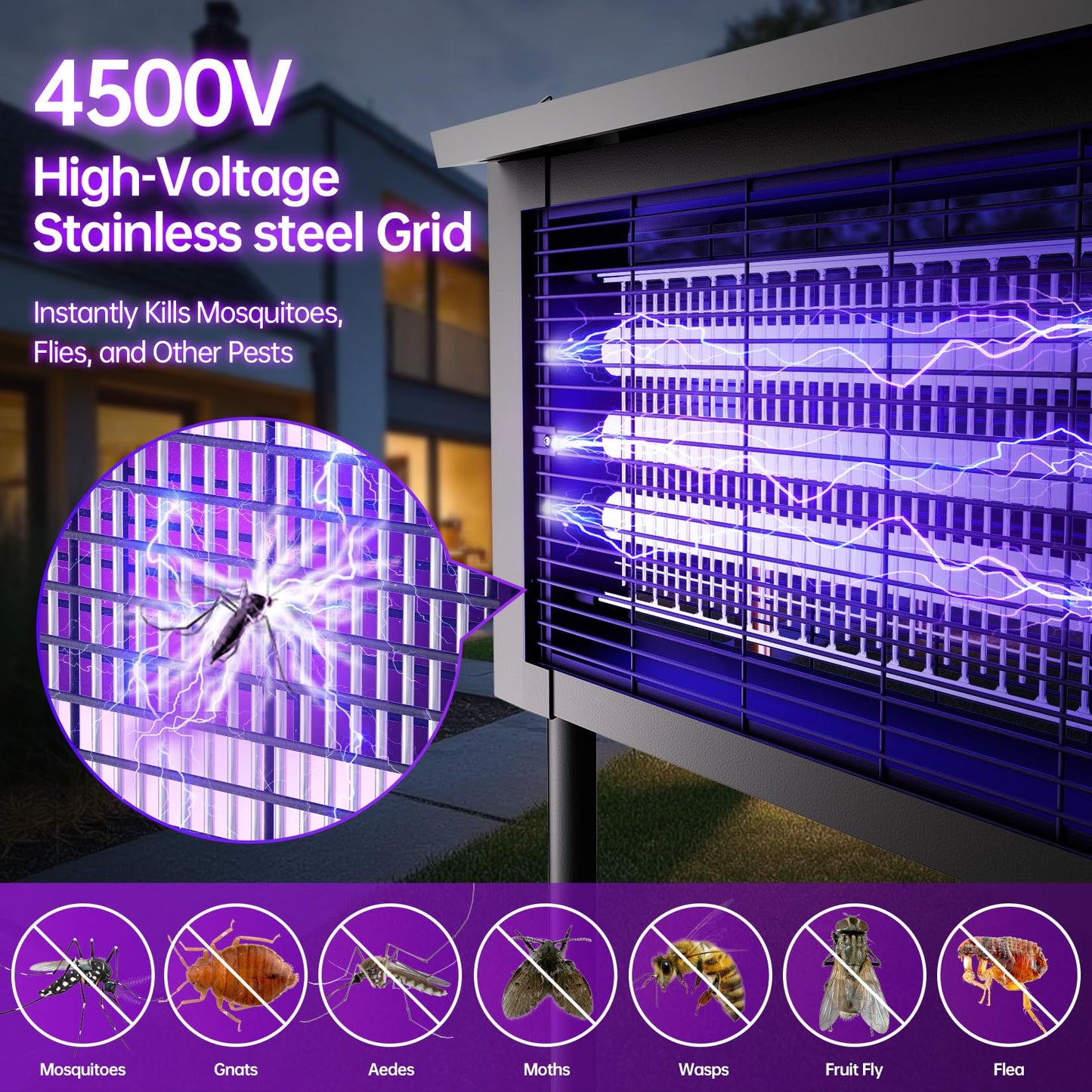 Solar Powered Mosquito Zapper, 4500V Outdoor Bug Zapper with 15W Solar Panel, Waterproof Cordless Electric Fly Zapper – Rechargeable Mosquito Killer Lamp for Backyard, Patio