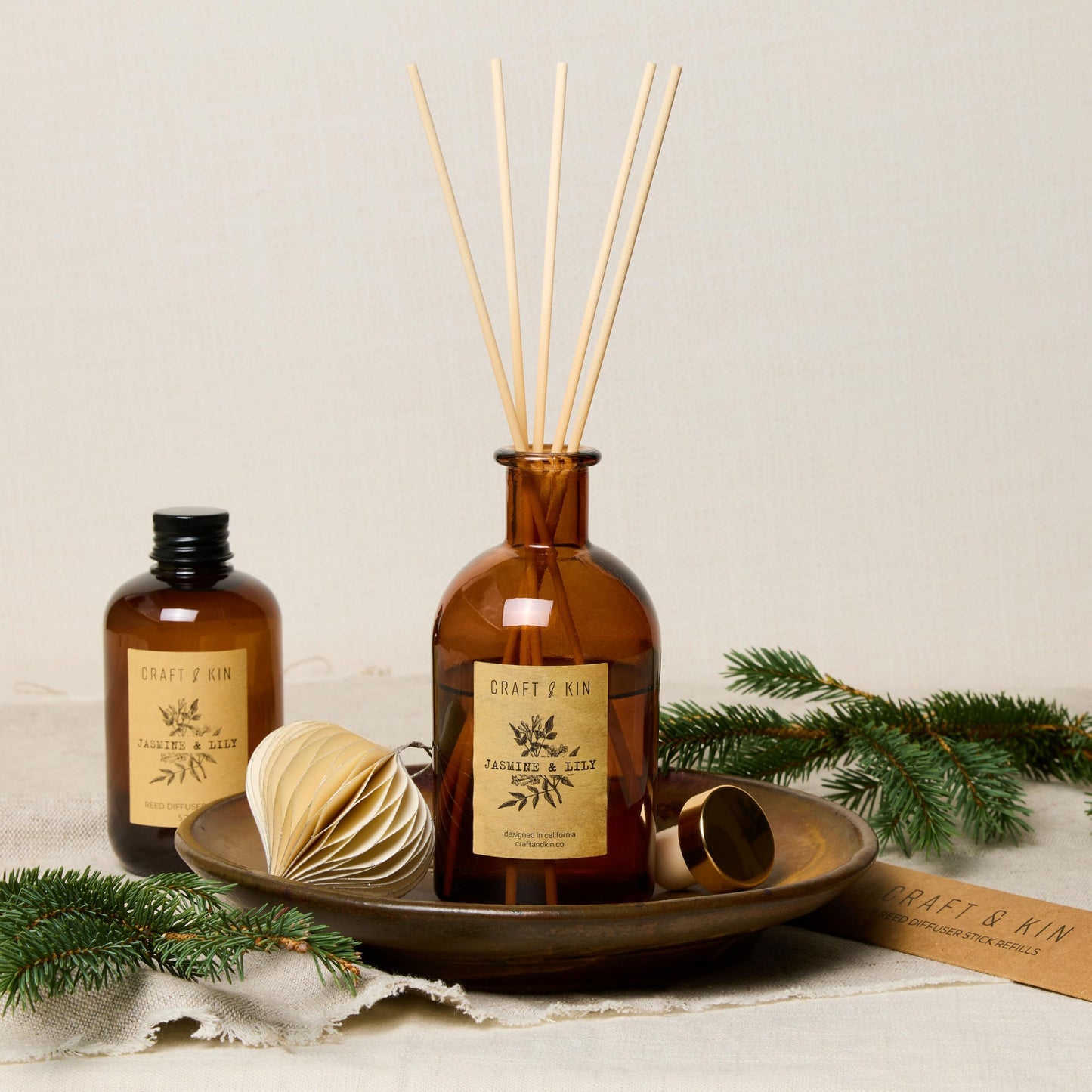 Craft & Kin Sage, Mint & Lavender Reed Diffuser | All Natural Essential Oil & 8 Rattan Scent Sticks | Reed Diffusers for Home, Bathroom | Long Lasting Home Fragrance in Amber Glass, 5.75oz