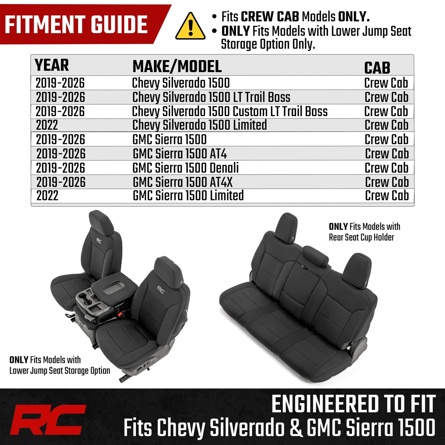 Rough Country Neoprene Seat Covers for Chevy Silverado/GMC Sierra 1500 (2019–2026) w/Rear Cup Holder - Waterproof, UV-Resistant, Foam Padded, Front & Rear Row Cover Set
