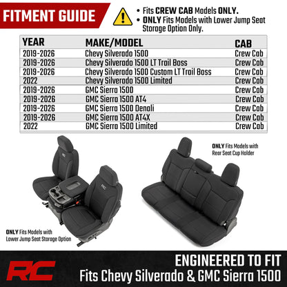 Rough Country Neoprene Seat Covers for Chevy Silverado/GMC Sierra 1500 (2019–2026) w/Rear Cup Holder - Waterproof, UV-Resistant, Foam Padded, Front & Rear Row Cover Set