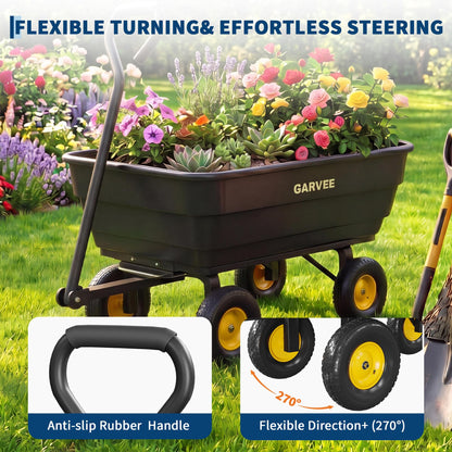 GarveeLife Poly Garden Dump Cart, 600 lb Wheelbarrow Yard Cart with 10 in Wheels, Quick-Dump & Towable Utility Wagon for Yard, Soil, Rocks（Black）