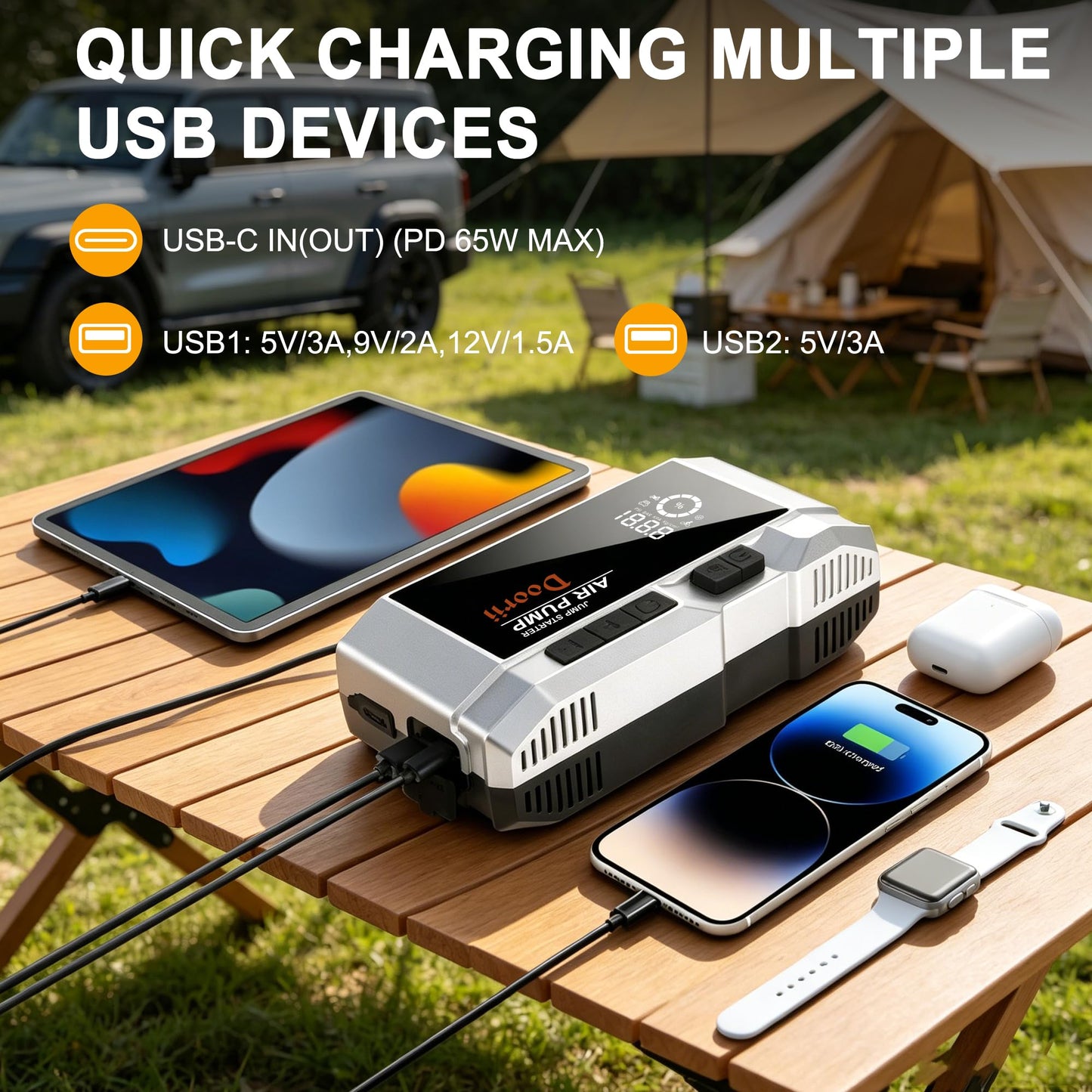 Doorii 8000A Car Jumper Starter Portable with PD65W USB-C Charging(in/Out), 11-in-1 Jump Starter with Air Compressor, 150PSI Tire Inflator for Up to All Gas/12L Diesel