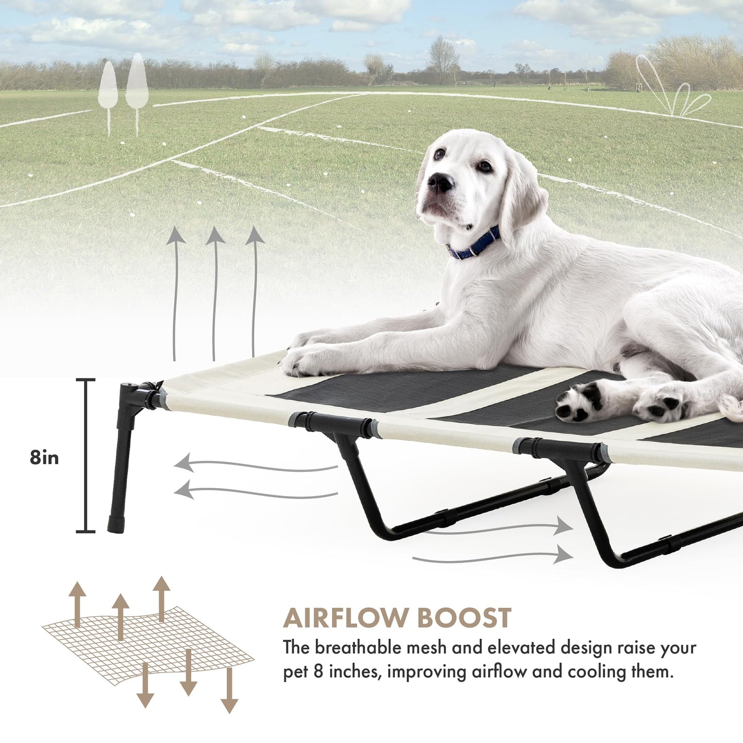 GrandTies Cooling Elevated Dog Bed with Canopy – XL Portable Pet Cot for Outdoor & Indoor Use – Waterproof Removable Shade, Breathable Mesh, Slip-Resistant Feet, Easy Assembly – Ivory White