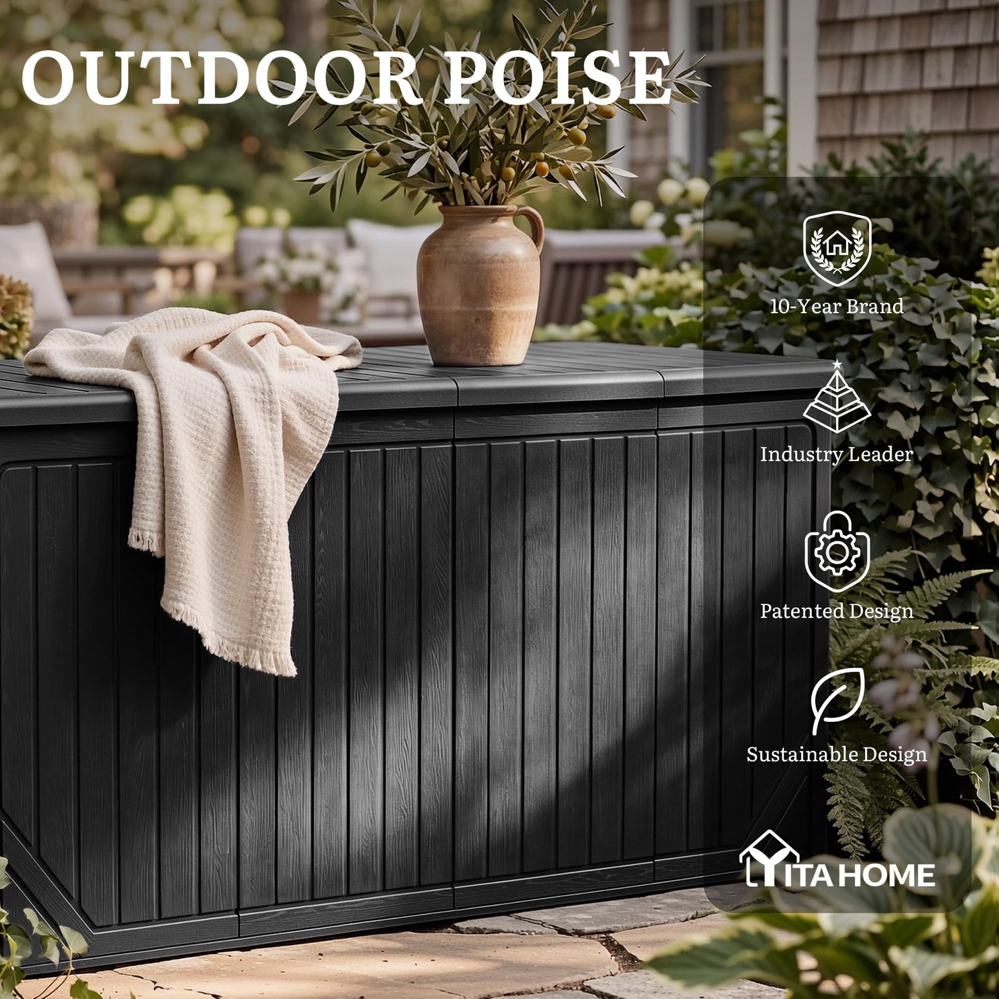 YITAHOME XXL 300 Gallon Extra Large Outdoor Deck Box, Lockable Resin Double-Wall Storage Box and Waterproof Patio Furniture Bin for Garden Tools & Pool Accessories, Black