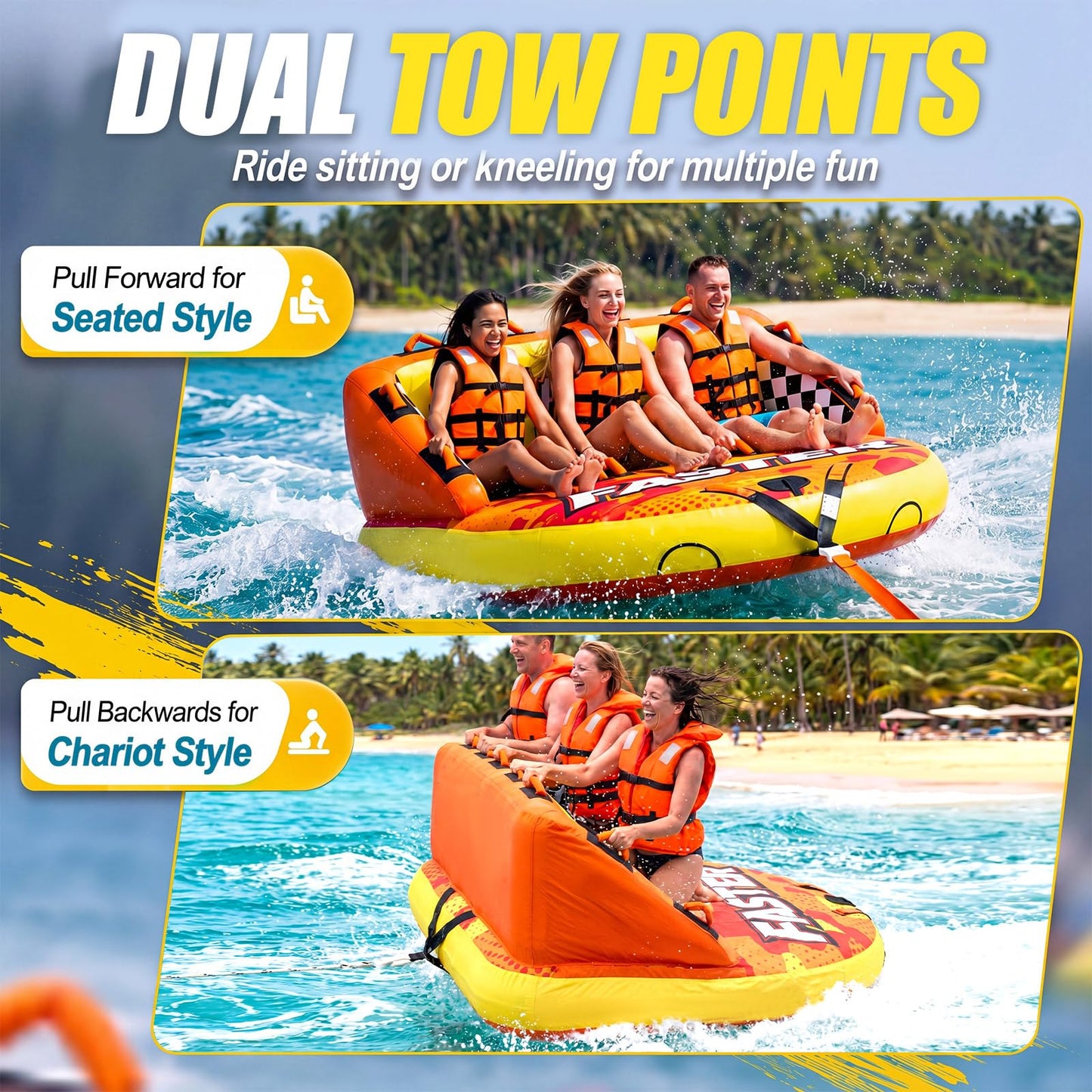ZeahVeyora Towable Tube for Boating,1-3 Rider Mable Style Inflatable Water Tube with Storage Bag,Tow Rope & UL Certified Electric Air Pump,Full Nylon Cover,Dual Tow Point, Quick Inflation & Deflation