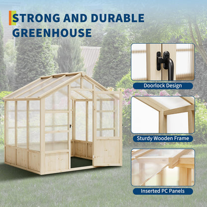 6x8FT Greenhouses for Outdoors, Wooden Greenhouse with Lockable Door, Wood Frame & Adjustable Vent, Polycarbonate Panel Heavy Duty Greenhouse for Outside, Garden, Yard, Light Brown