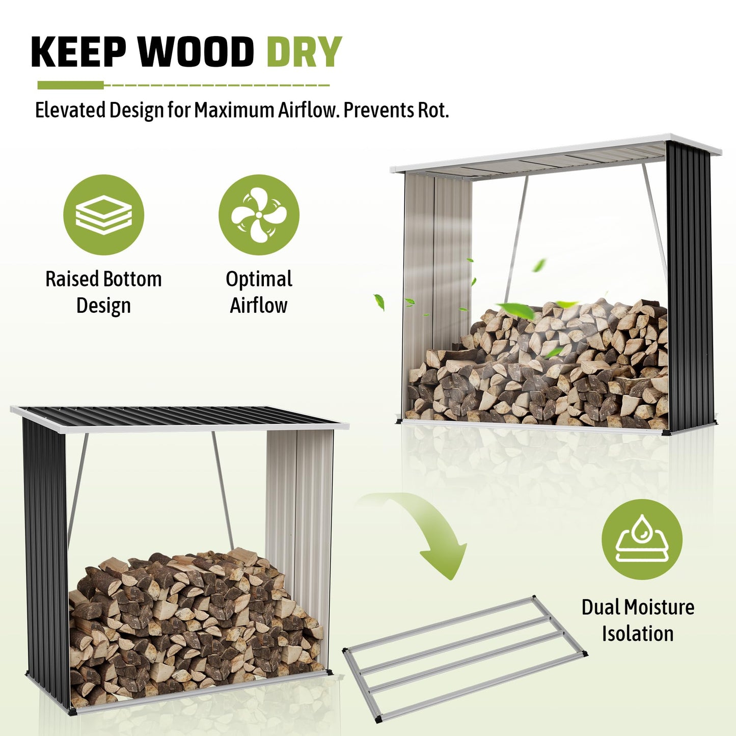 KEIKI Firewood Storage Rack with Sloped Roof, 62 Cu.Ft Weather-Resistant Patio Organizer, Outdoor Metal Storage Shed for Lawn Mower, Garden Tools, Backyard, Camping Gear
