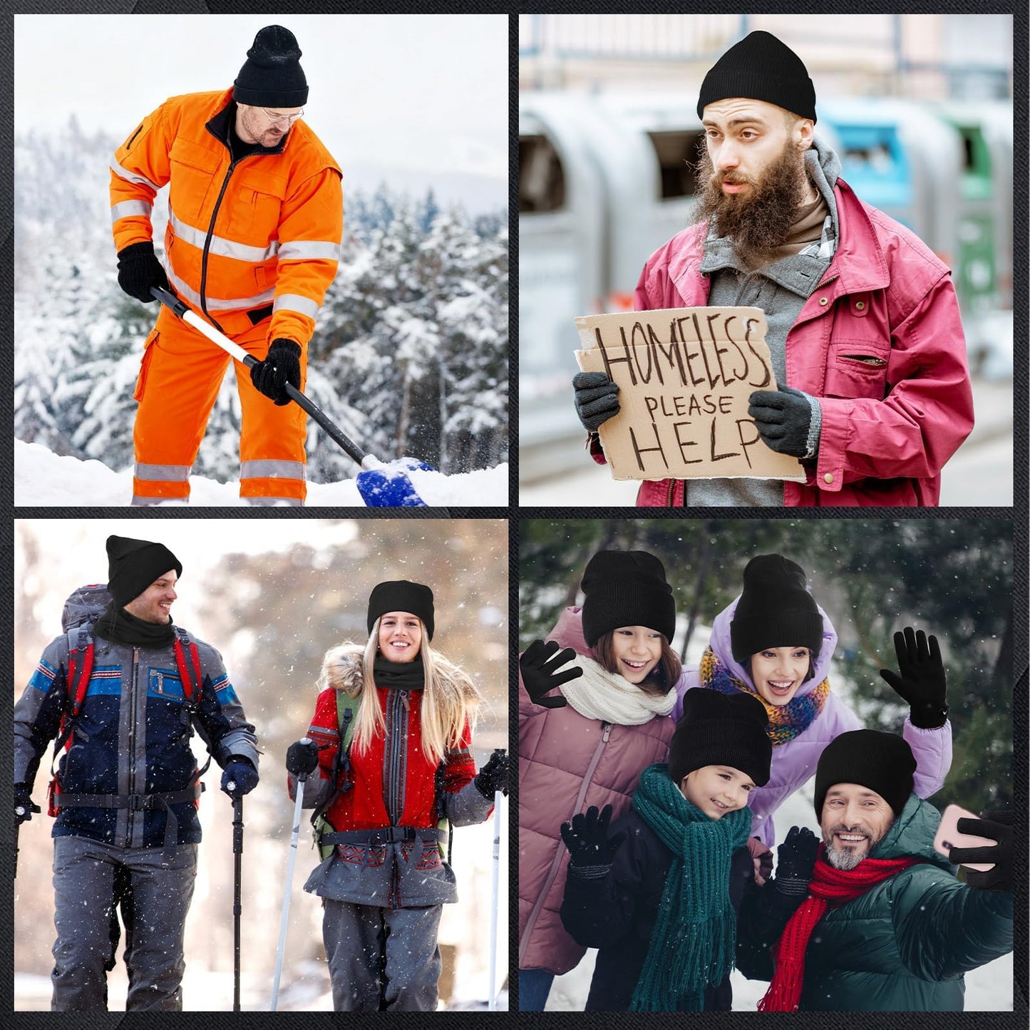 144 Pcs Homeless Care Package Supplies Bulk Winter Beanie Hats Emergency Blankets Sock Gloves Scarf Unisex Draw String Bag Winter Gloves, Scarves, Hats for Charity Church Donation Black