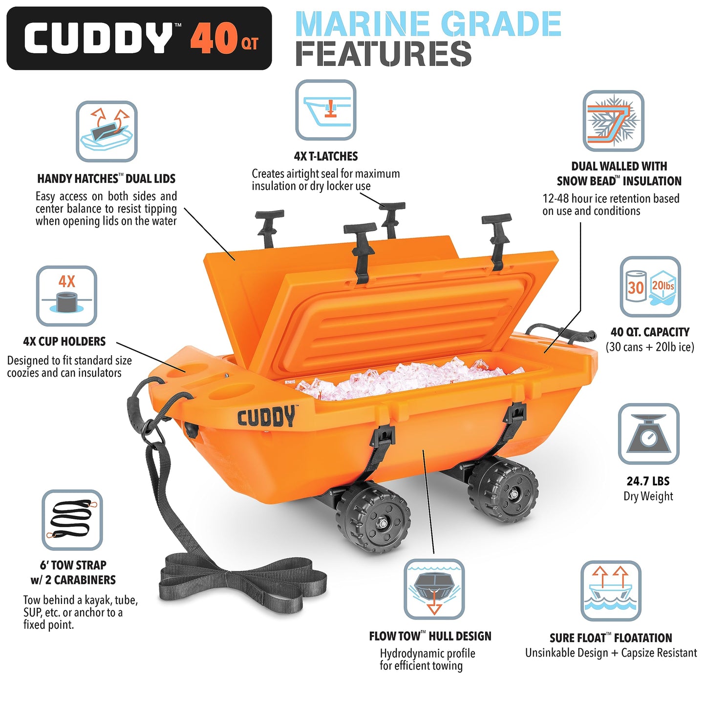CUDDY Crawler Cooler with Wheels – 40 QT Amphibious Floating Cooler and Dry Storage Vessel - Orange